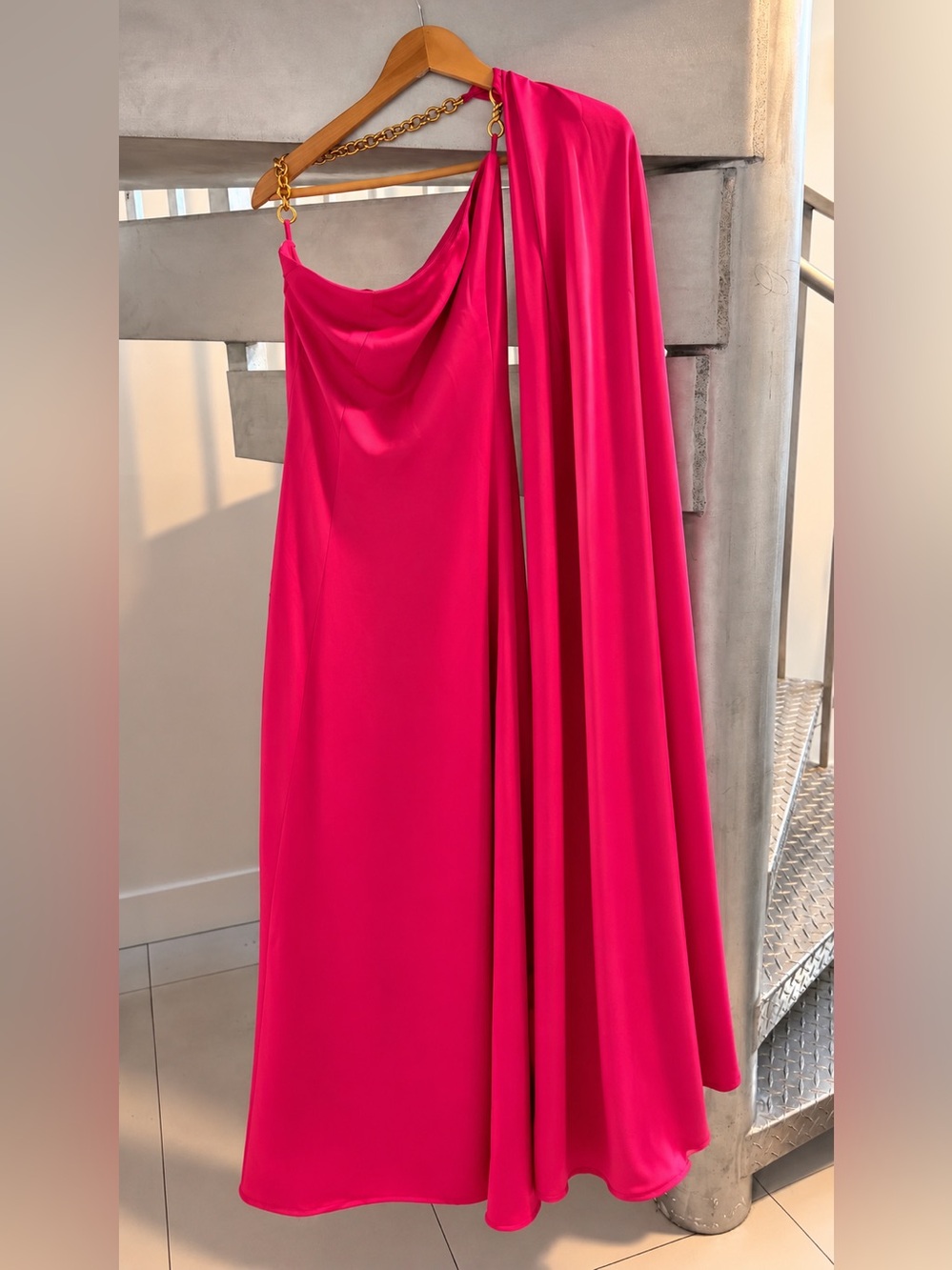 Donna Karan One Shoulder Cape Gown Fuchsia Pink